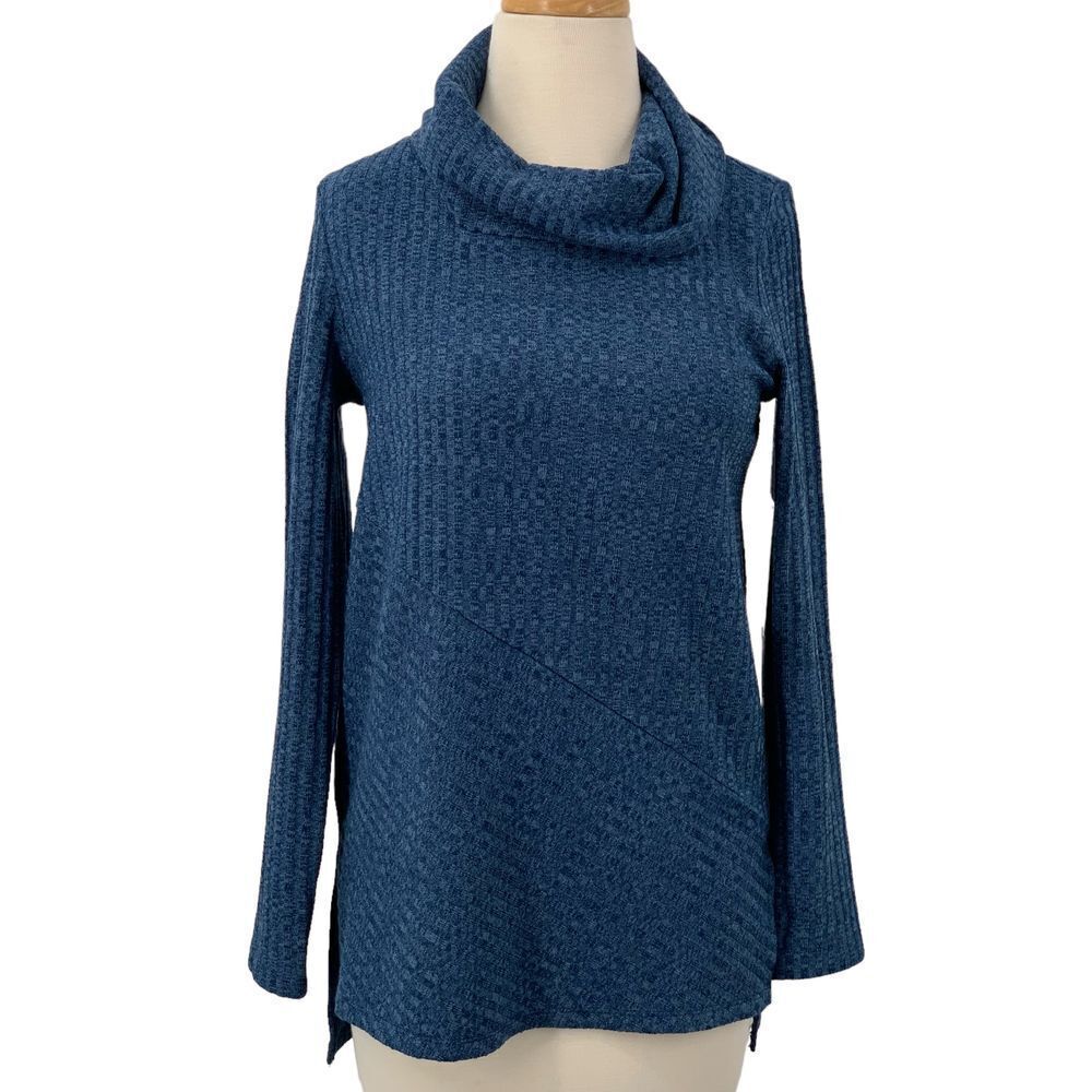 Soft Surroundings Women's Blue Cowl Neck Tunic/Sweater Ribbed Hi-Low Size XS